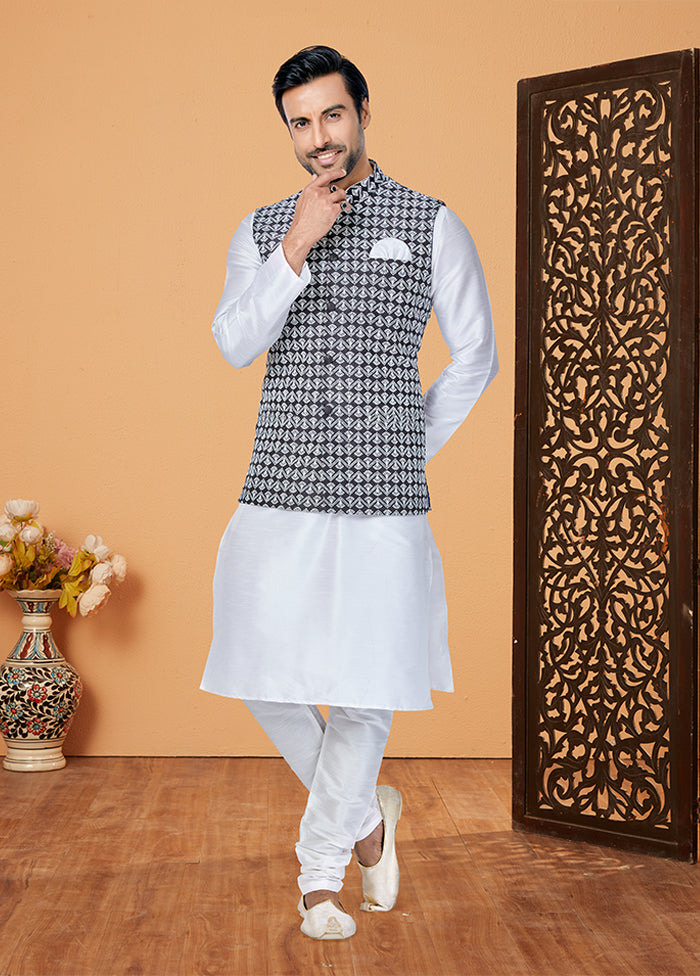 3 Pc White Silk Kurta Pajama with Jacket Set