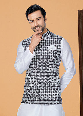 3 Pc White Silk Kurta Pajama with Jacket Set