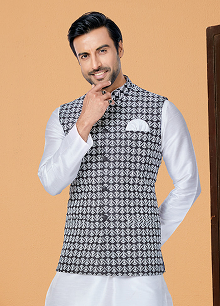 3 Pc White Silk Kurta Pajama with Jacket Set