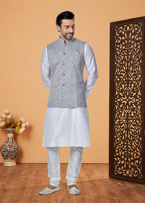 3 Pc White Silk Kurta Pajama with Jacket Set