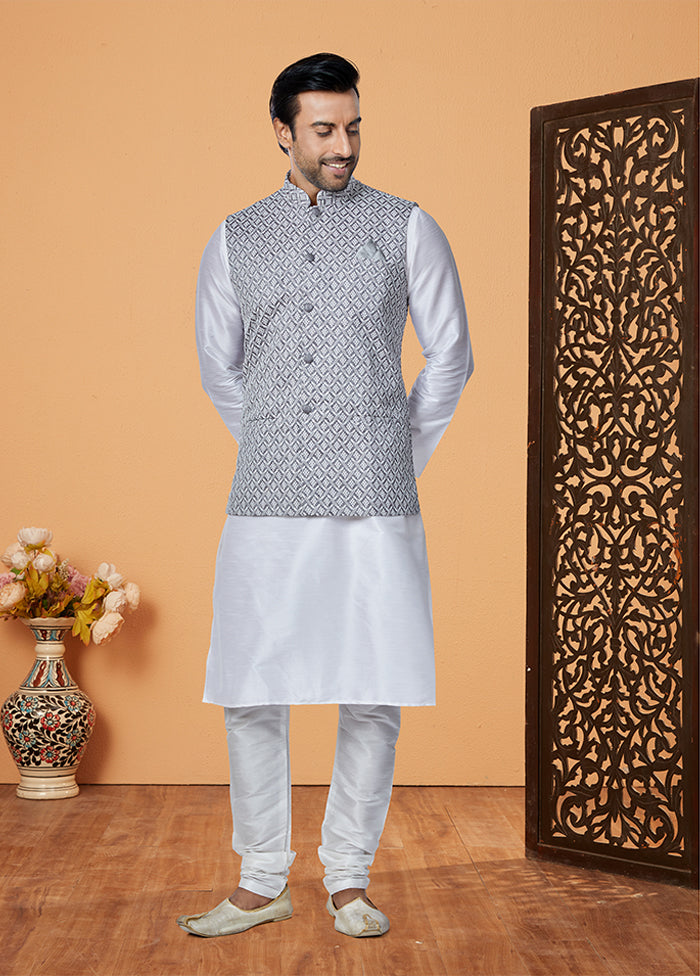 3 Pc White Silk Kurta Pajama with Jacket Set