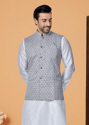 3 Pc White Silk Kurta Pajama with Jacket Set