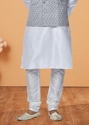3 Pc White Silk Kurta Pajama with Jacket Set