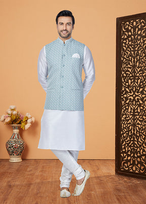 3 Pc White Silk Kurta Pajama with Jacket Set