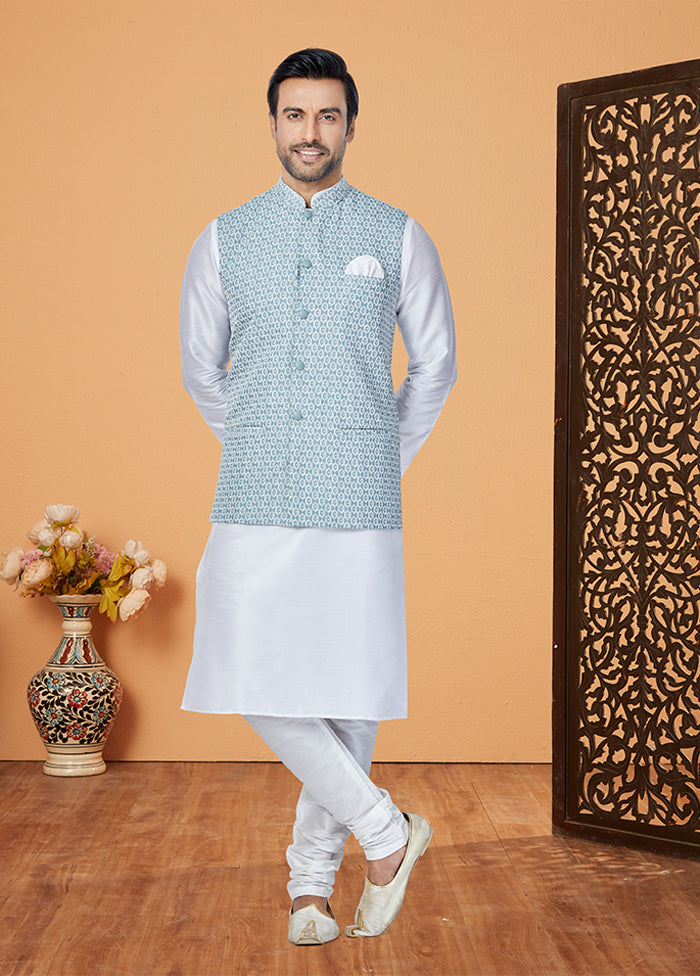 3 Pc White Silk Kurta Pajama with Jacket Set