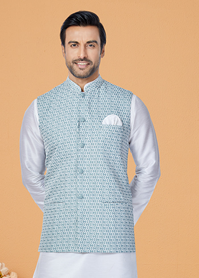 3 Pc White Silk Kurta Pajama with Jacket Set