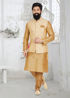 3 Pc Brown Silk Kurta Pajama with Jacket Set