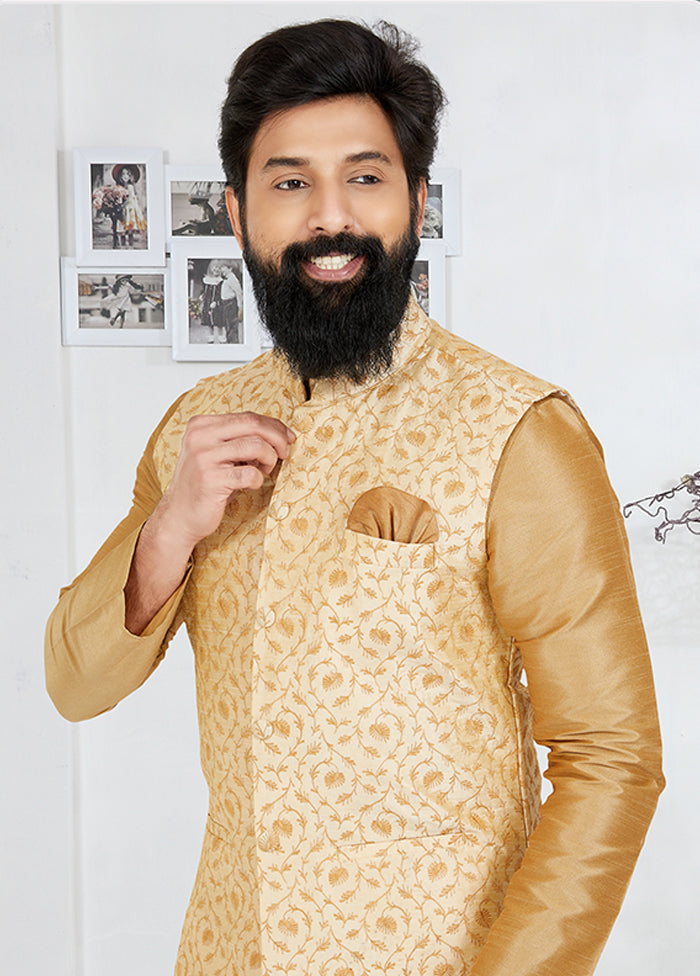 3 Pc Brown Silk Kurta Pajama with Jacket Set
