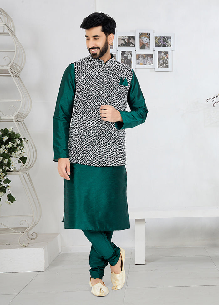 3 Pc Green Silk Kurta Pajama with Jacket Set