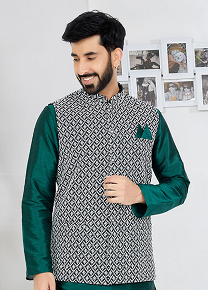 3 Pc Green Silk Kurta Pajama with Jacket Set