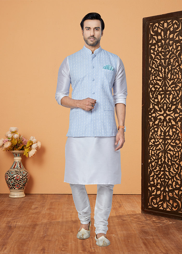 3 Pc Cream Silk Kurta Pajama with Jacket Set
