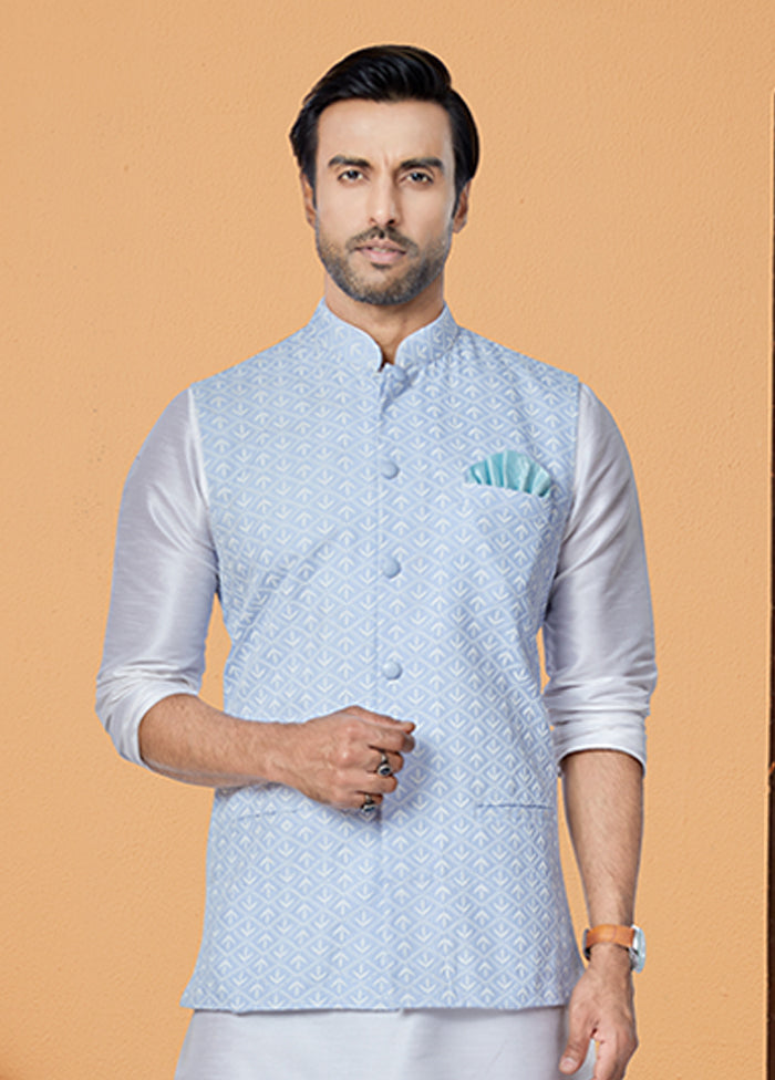 3 Pc Cream Silk Kurta Pajama with Jacket Set