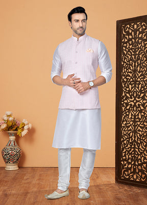 3 Pc Cream Silk Kurta Pajama with Jacket Set