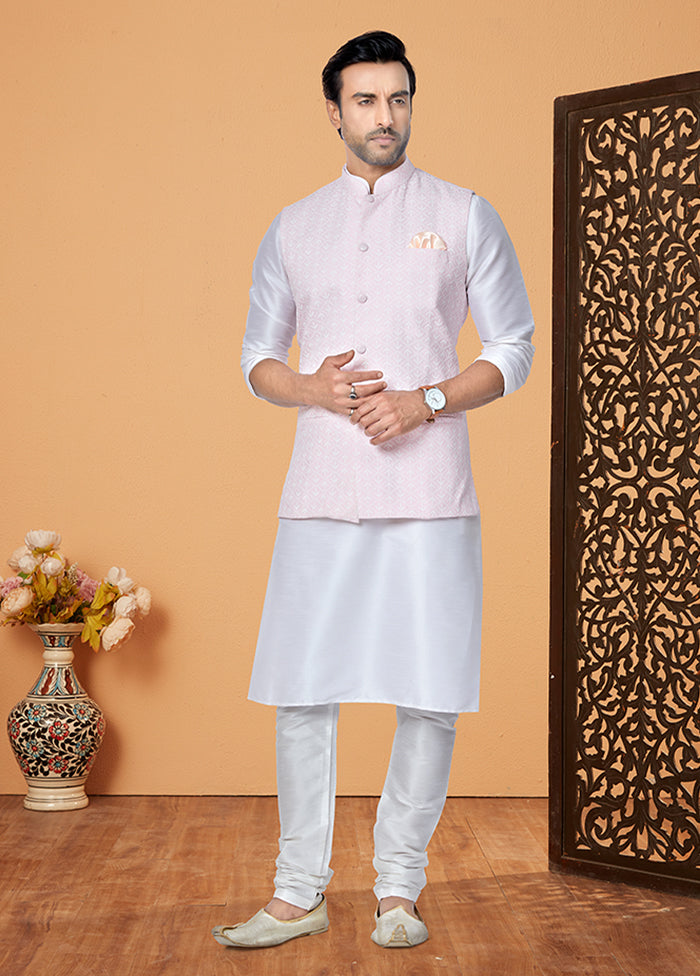 3 Pc Cream Silk Kurta Pajama with Jacket Set