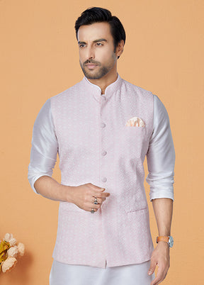 3 Pc Cream Silk Kurta Pajama with Jacket Set