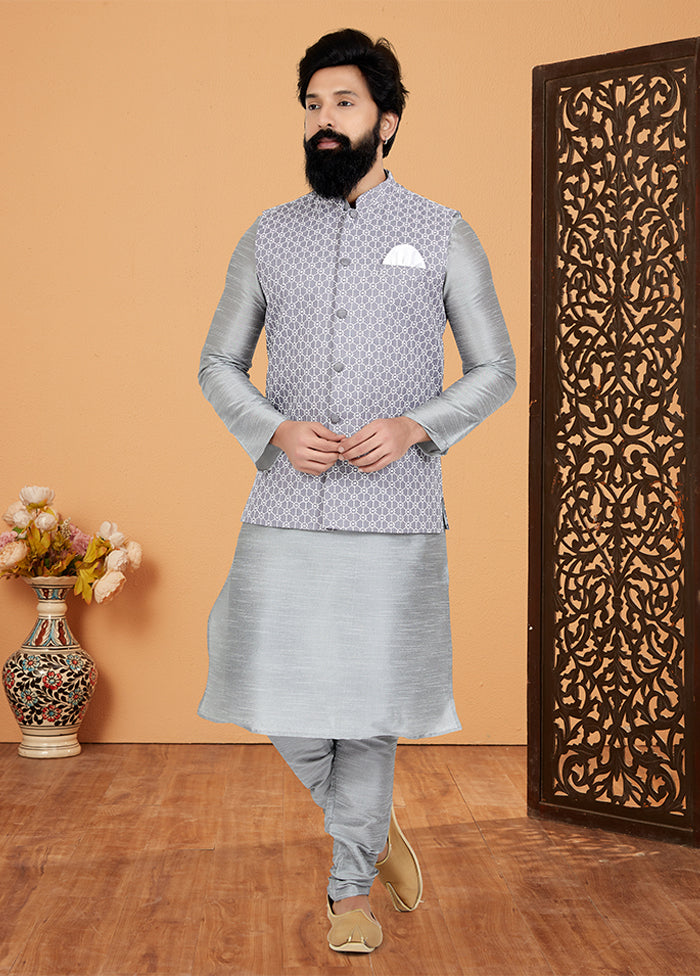 3 Pc Grey Silk Kurta Pajama with Jacket Set