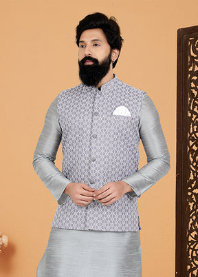3 Pc Grey Silk Kurta Pajama with Jacket Set