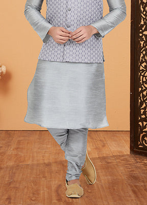 3 Pc Grey Silk Kurta Pajama with Jacket Set