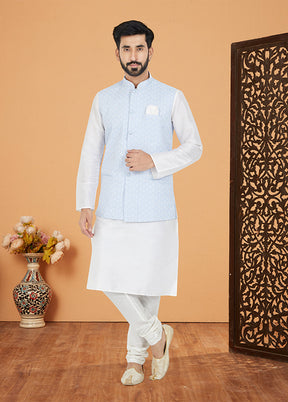 3 Pc White Silk Kurta Pajama with Jacket Set