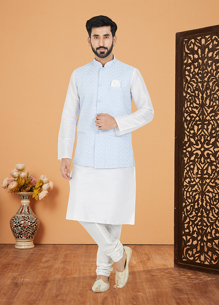 3 Pc White Silk Kurta Pajama with Jacket Set