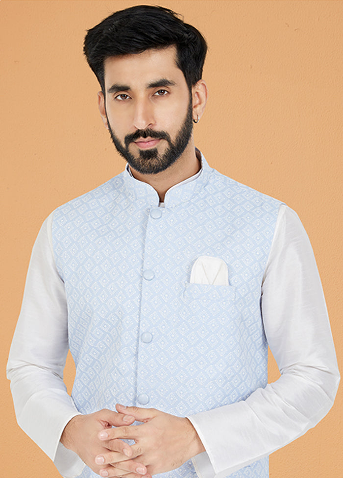 3 Pc White Silk Kurta Pajama with Jacket Set