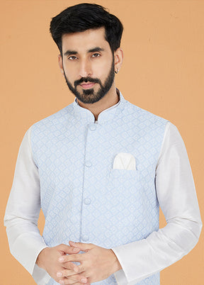 3 Pc White Silk Kurta Pajama with Jacket Set