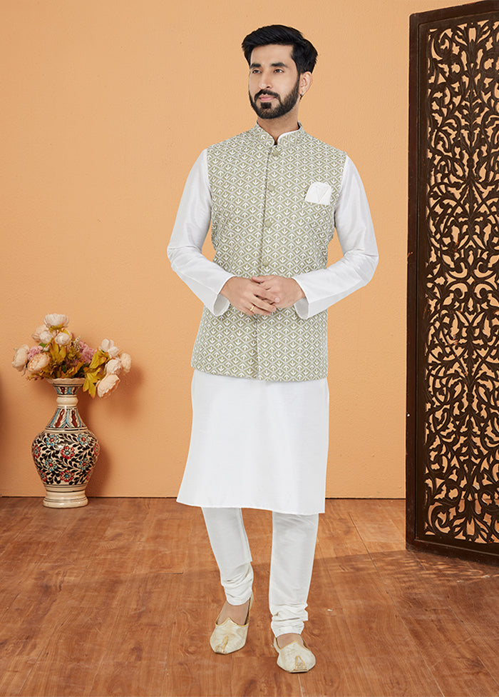 3 Pc White Silk Kurta Pajama with Jacket Set
