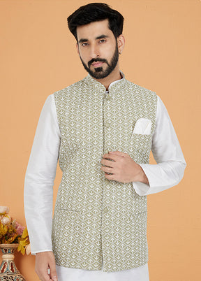 3 Pc White Silk Kurta Pajama with Jacket Set