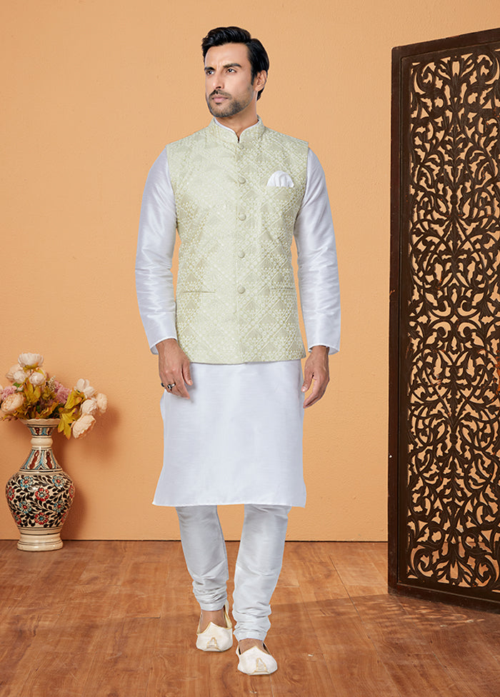 3 Pc White Silk Kurta Pajama with Jacket Set