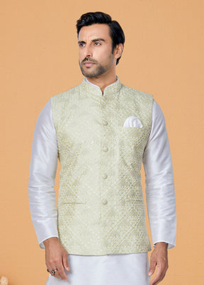 3 Pc White Silk Kurta Pajama with Jacket Set
