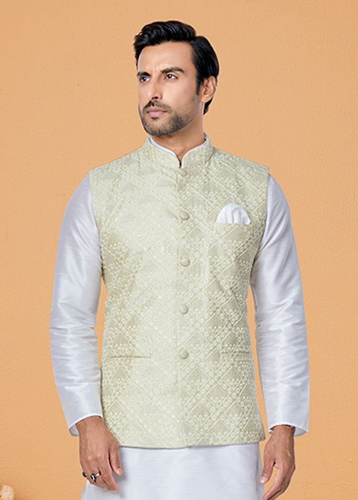 3 Pc White Silk Kurta Pajama with Jacket Set