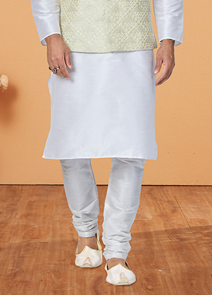 3 Pc White Silk Kurta Pajama with Jacket Set