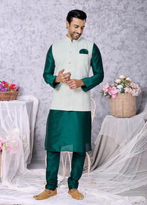 3 Pc Green Silk Kurta Pajama with Jacket Set