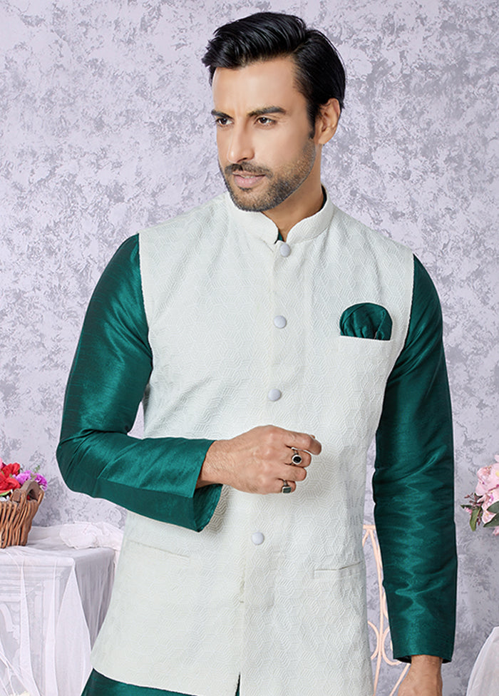 3 Pc Green Silk Kurta Pajama with Jacket Set