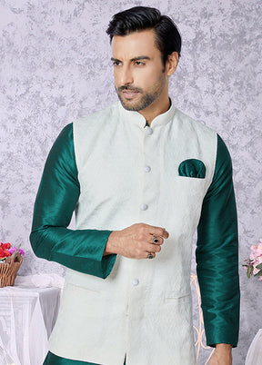 3 Pc Green Silk Kurta Pajama with Jacket Set