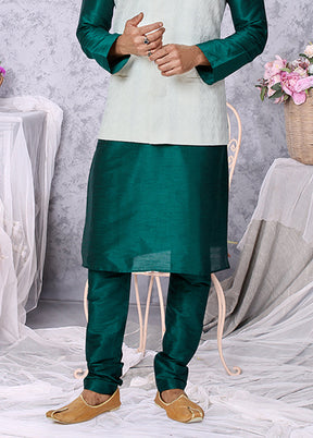 3 Pc Green Silk Kurta Pajama with Jacket Set