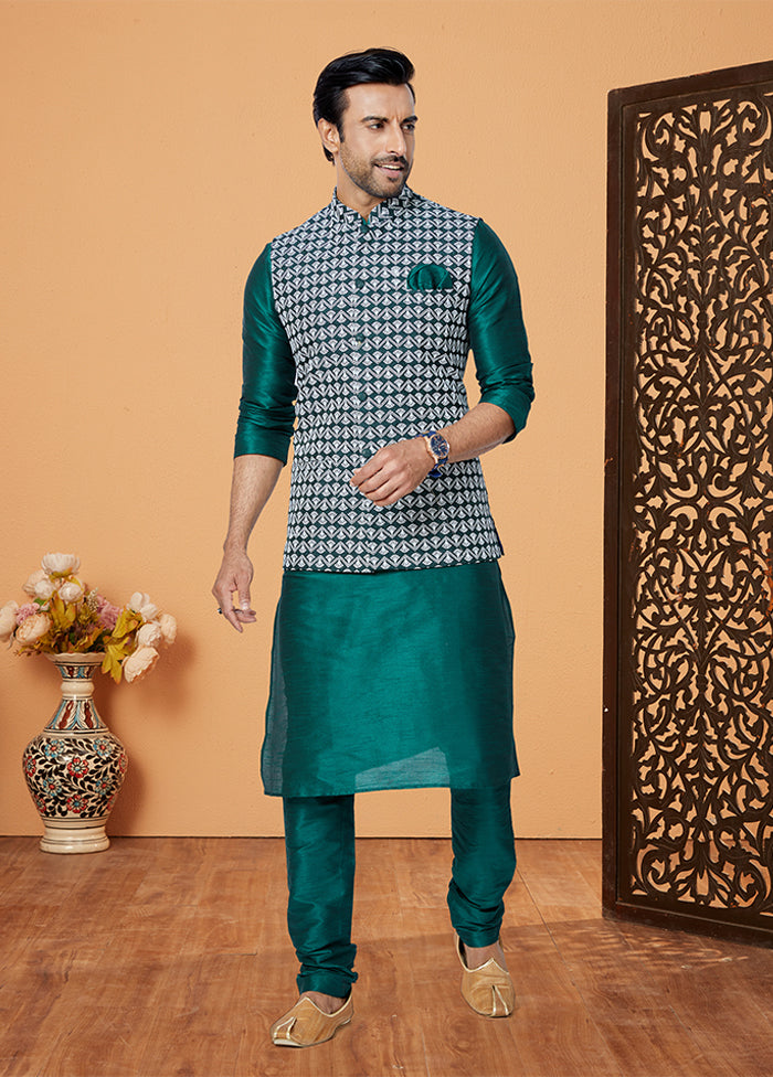 3 Pc Green Silk Kurta Pajama with Jacket Set