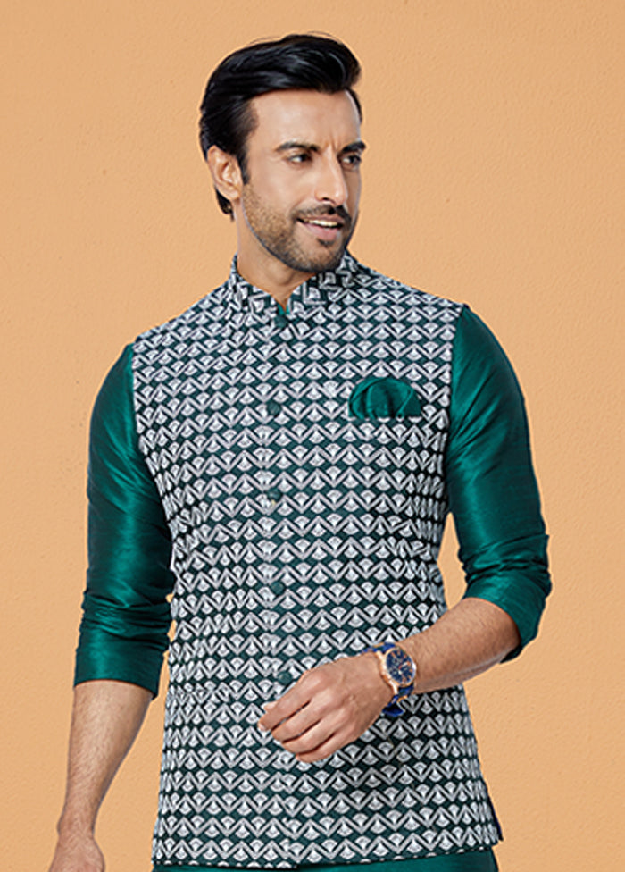 3 Pc Green Silk Kurta Pajama with Jacket Set