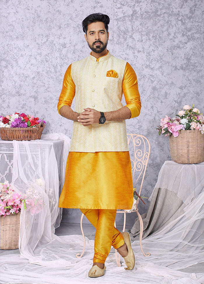 3 Pc Yellow Silk Kurta Pajama with Jacket Set