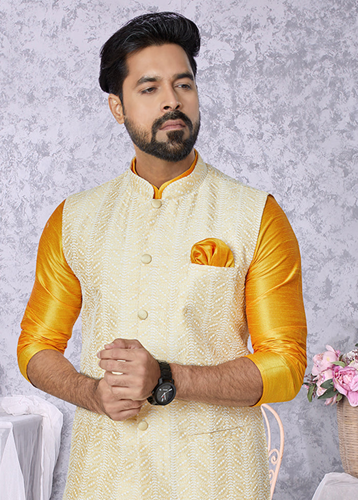 3 Pc Yellow Silk Kurta Pajama with Jacket Set