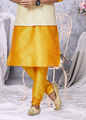 3 Pc Yellow Silk Kurta Pajama with Jacket Set
