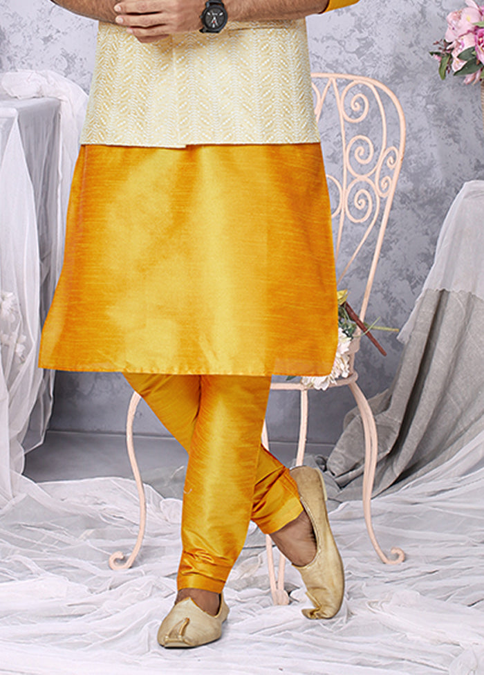 3 Pc Yellow Silk Kurta Pajama with Jacket Set