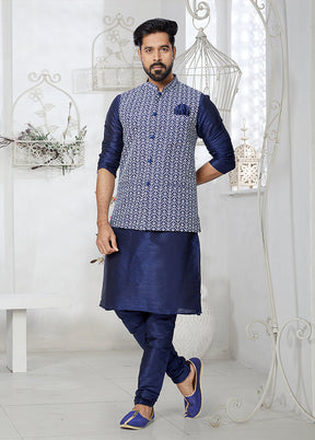 3 Pc Blue Silk Kurta Pajama with Jacket Set
