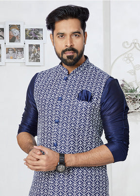 3 Pc Blue Silk Kurta Pajama with Jacket Set