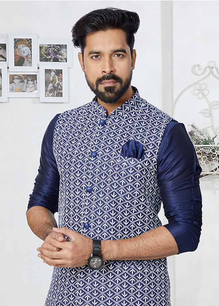 3 Pc Blue Silk Kurta Pajama with Jacket Set