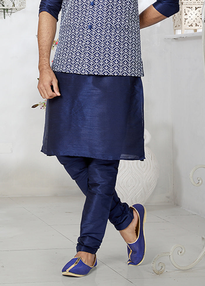 3 Pc Blue Silk Kurta Pajama with Jacket Set