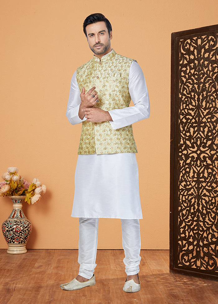3 Pc White Silk Kurta Pajama with Jacket Set