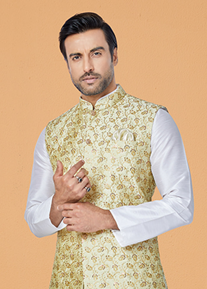 3 Pc White Silk Kurta Pajama with Jacket Set
