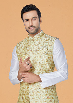 3 Pc White Silk Kurta Pajama with Jacket Set