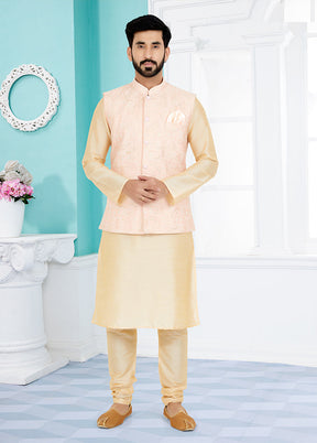 3 Pc Cream Silk Kurta Pajama with Jacket Set